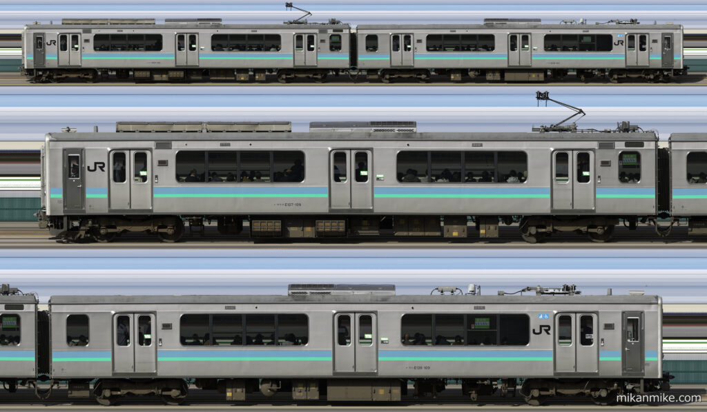E127系A9編成の長編成サイドビュー
