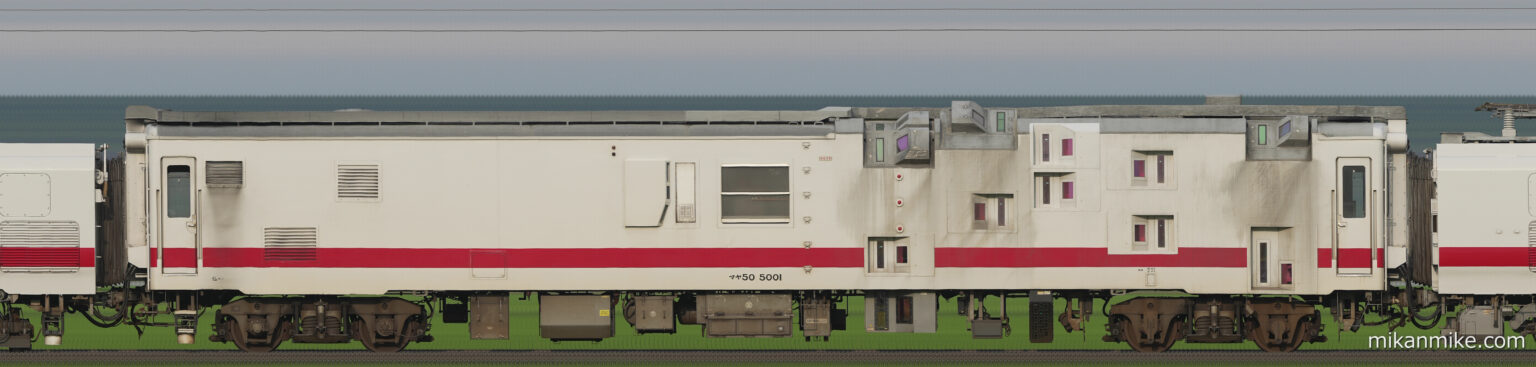 建築限界測定車、マヤ50-5001の長編成サイドビュー