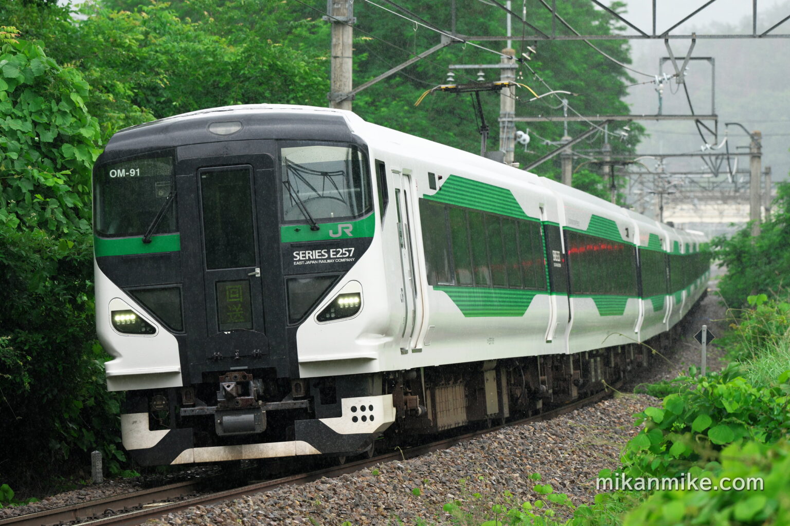 雨が降る篠ノ井線を走行するE257系5000番台、OM-91編成